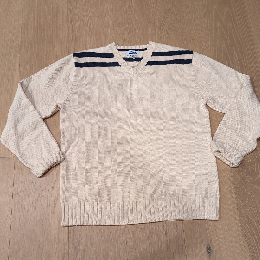 Y2K 100% Cotton Men's Cream Sweater with Navy Stripes